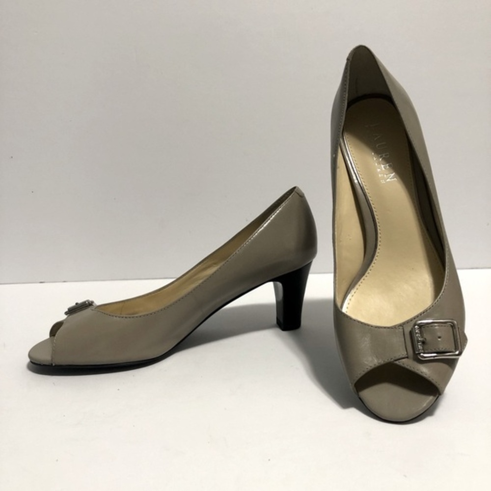 Lauren Ralph Lauren LRL Pump Taupe Damaris Open Toe Buckle Women’s 6 Leather‎